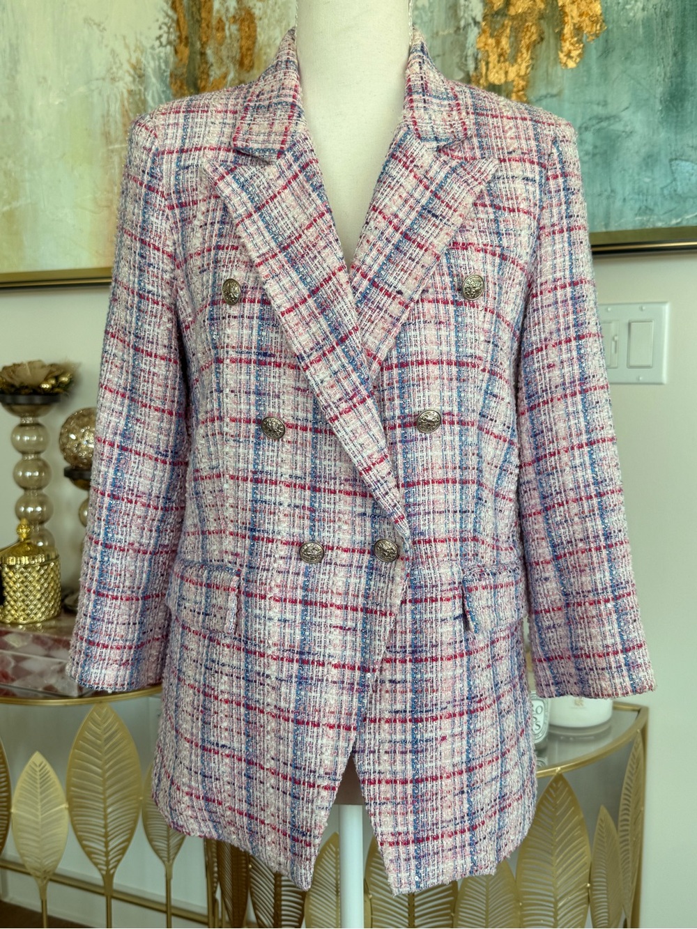 Generation Love Pink Plaid Tweed Double-Breasted Blazer